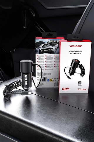 Ven-dens Vd-cc025 60 W Hızlı Araç Şarj Cihazı, Type-c Ve Usb Çift Port, Dahili Kablolu, Siyah