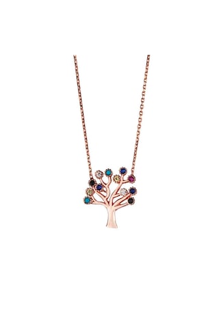 Afrodit Silver Roze Rengi Mix Taşlı Hayat Ağacı Kadın Gümüş Kolye Gold - Rose Gold - Gümüş