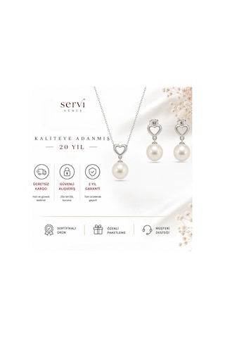 Servi 925 Ayar Gümüş Amore İnci Kalp Kolye Ve Küpe Seti-321