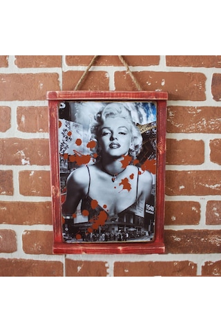 Rustik Ahşap Çerçeveli Vintage Metal Pano M. Monroe Red 20x30