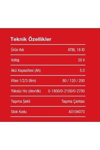 Attlas Pro ATBL 18 ID-502C 20V 5 Ah Akülü Darbeli Vidalama - A0104070