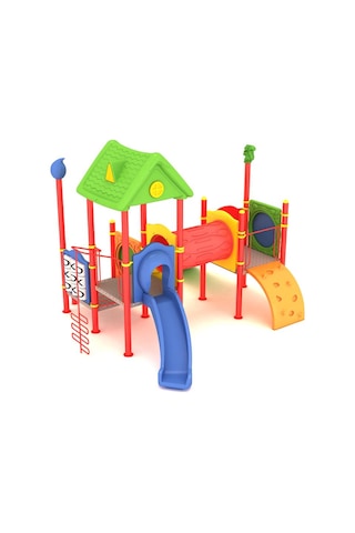 Çocuk Oyun Grubu, 6x5m İki Kaydıraklı Ev Çatılı -70 Çok Renkli
