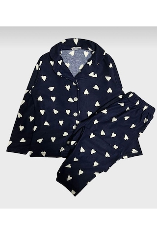 Miosse Kids Kız Çocuk Pamuklu Süet Lacivert Kalp Desenli Gömlek Yaka Boydan Düğmeli Uzun Kollu Pijama Takımı M6590 Lacivert