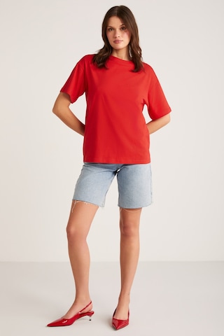 ETHIQUET AGERTHA Kadın %100 Organik Pamuklu Regular Fit Bisiklet Yaka Kısa Kollu Kırmızı T-shirt