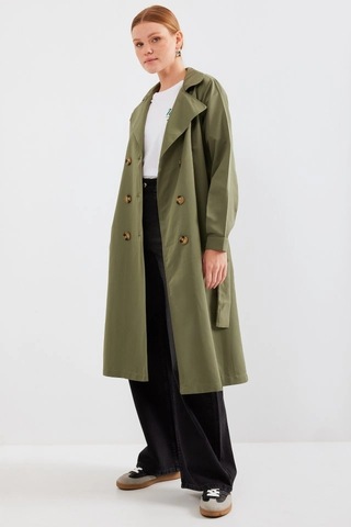 Defymoda 5853 Kruvaze Yaka Trençkot - Haki Haki
