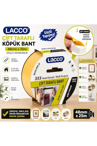 Lacco Çift Taraflı Köpük Bant 48 Mm X 25 M Güçlü Yapışkanlı Montaj Bandı Çok Amaçlı Beyaz 1 Adet