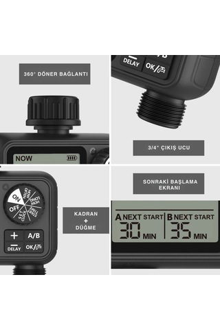 Shopytech Çift Çıkışlı Dijital Sulama Zamanlayıcı Ipx5, Lcd Ekranlı Yağmur Erteleme A/b Bağımsız Pro