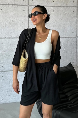 Kadın Siyah Kimono Gömlek Şort Alt Üst Takım