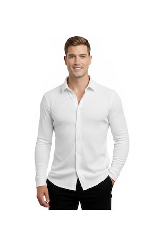 Deepsea Beyaz Slim Fit Örme Kumaş Likralı Erkek Gömlek Nefes Alan Esnek Ve Modern Tasarım 2602604 Beyaz