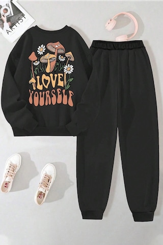 Uyguntarz Unisex Love Yourself Baskılı Bisiklet Yaka Eşofman Takımı Siyah