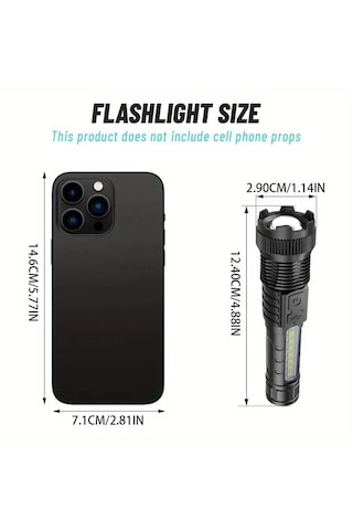 Profesyonel Ultra Güçlü Şarj Edilebilir El Feneri 14 Cm Siyah