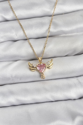 316l Çelik Zincir Gold Renk Kanatlı Kalp Model Zirkon Taşlı Kadın Kolye - Tj-bko10837 Gümüş