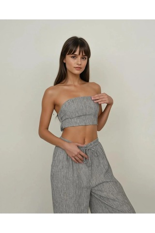 Sırt Lastikli Spor Straplez Askısız Sırt Bağlamalı Crop Cepli Beli Esnek Pantolon Günlük Keten Takım Gri