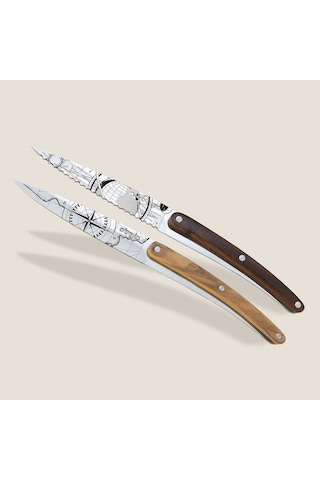 2 Deejo Paring Knives, Olive And Coral Wood / Terra Incognita And Globe Trotter Çok Renkli