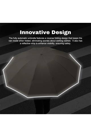 Padalink Siyah Otomatik Çift Kullanimli 10 Kasnakli Rüzgar Dayanikli Katlanabilir Şemsiye - Ters Katlama, Işik Reflektörlü, 280t Dokuma, Kauçuk Sap