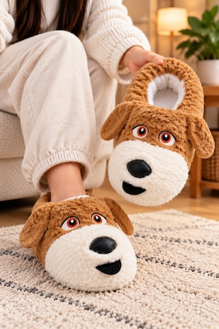 Modafocus Sevimli Köpek Figürlü Sessiz Kaydırmaz Taban Peluş Unisex Ev Pandufu Sevgili Kombin Terliği Kahverengi Kahverengi