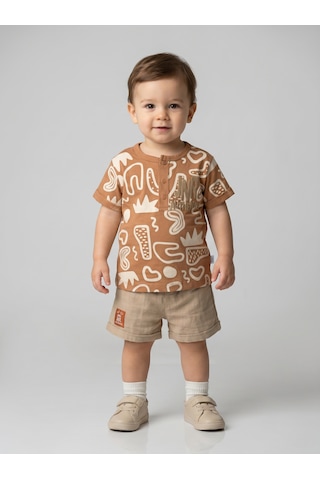 Nazar Baby Erkek Bebek Jnr Authentic Baskılı Müslin Şortlu Takım Kahverengi
