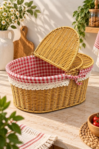 Hasır Rattan Oval Piknik Sepeti Sepet Düzenleyici 18 38 25cm Sarı