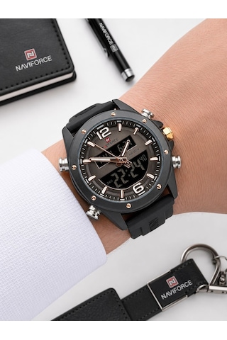 Naviforce Silokon Kordon Dijital & Analoğ Mekanizma Bileklik Hediyeli 3 Atm Erkek Kol Saati Nf9264.1 Siyah