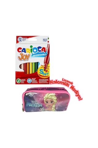 Frozen Lisanslı Kalemlik Hediyeli - Carioca Joy 12 Renk Yıkanabilir Keçeli Kalem Seti Pembe