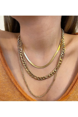 Kadın Üçlü Model Gold Renk Çelik Kolye Gold