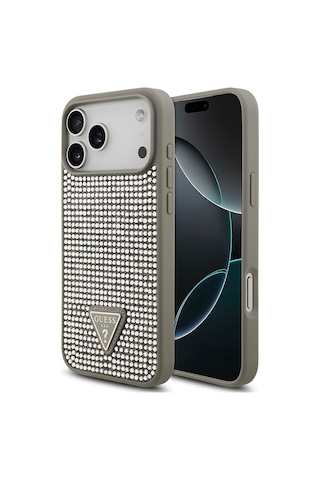 Apple Uyumlu iPhone 17 Pro Max Kılıf Guess Lisanslı Taşlı Arka Yüzey Üçgen Logolu Kapak Gümüş Gümüş