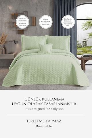Hayal Çift Kişilik Yatak Örtüsü Dantelli Kapitone Pike Takımı Elyaf Dolgulu 4 Parça Mint