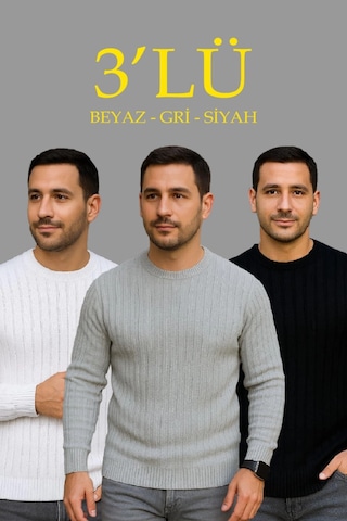 Efnaz Style Erkek Fitilli Triko Kazak 3 Lü Set Beyaz, Gri, Siyahkalın Dokuma Pamuklu Regular Fit Bisiklet Yaka Uzun Kollu Kışlık Ve Baharlık Rahat Triko Kombini Çok Renkli