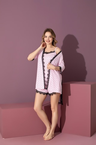 Rindahomewear Kadın 3 Lü Fitilli Viskon Şort Sabahlık Set Pembe