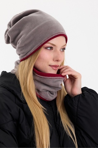 Butikgiz Kadın Dış Kısım Polar, İç Kısım Kaşkorse Pamuklu, Çift Renk, Çift Kat, Katlanabilir Bere Boyunluk Set Gri-bordo