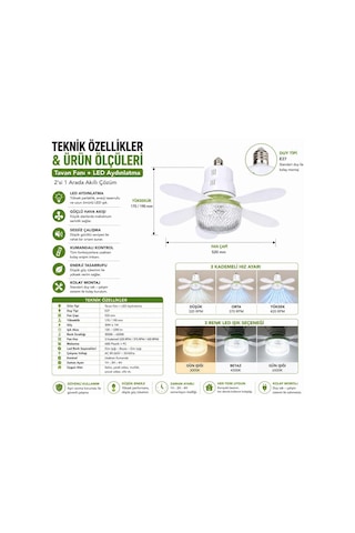 E27 Duylu Tavan Fanı Ve Led Aydınlatma, 520mm, 30w, 3 Kademeli Hız, Uzaktan Kumandalı, Sessiz Çalışma