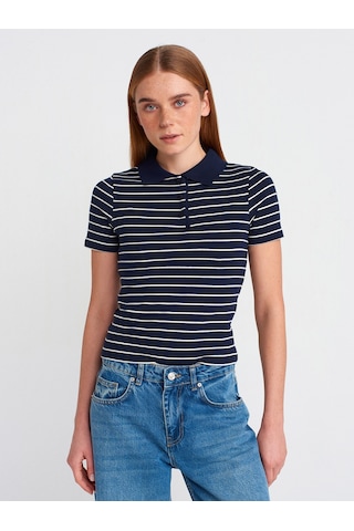 Dilvin 31464 Çizgili Polo Yaka T-shirt Lacivert