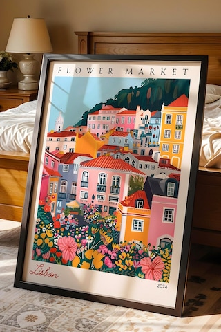 Lizbon Portekiz Çerçeveli Tablo Seyahat Severlere Salon Ve Ofis İçin Estetik Duvar Dekoru Travel Flower Market