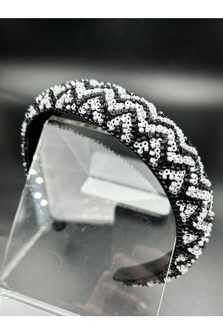 Bymerve El İşlemeli Siyah Beya Renk Boncuk Parlak İşleme Abiye Nişan Davet Kadın Saç Tacı Siyah - Beyaz