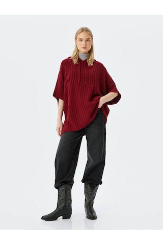 Koton Oversize Triko Panço Kapüşonlu Örgü Dokulu Kısa Kollu Bordo 5wal90033ht Bordo