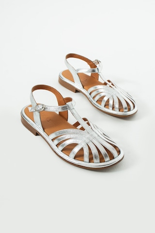 Duxal Shoes Charlotte Hakiki Deri Kafesli T-bant Sandalet GÜMÜŞ