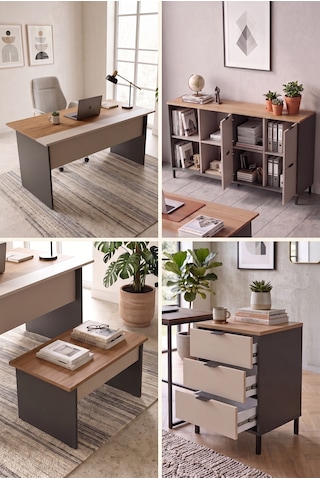 Robin Home Nexus Yönetici Ofis Takımı Makam Takımı Çalışma Masası Sehpa Keson Klasör Dolabı 4 Parça Sepet-kumsal-antrasit Kahverengi
