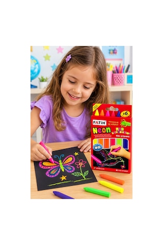 Neon Üçgen Mum Boya 6 Lı 1 Paket Fatih 6 Renk Üçgen Mumboya Elleri Kirletmeyen Yıkanabilir Silinebilir Karton Kutu Çok Renkli
