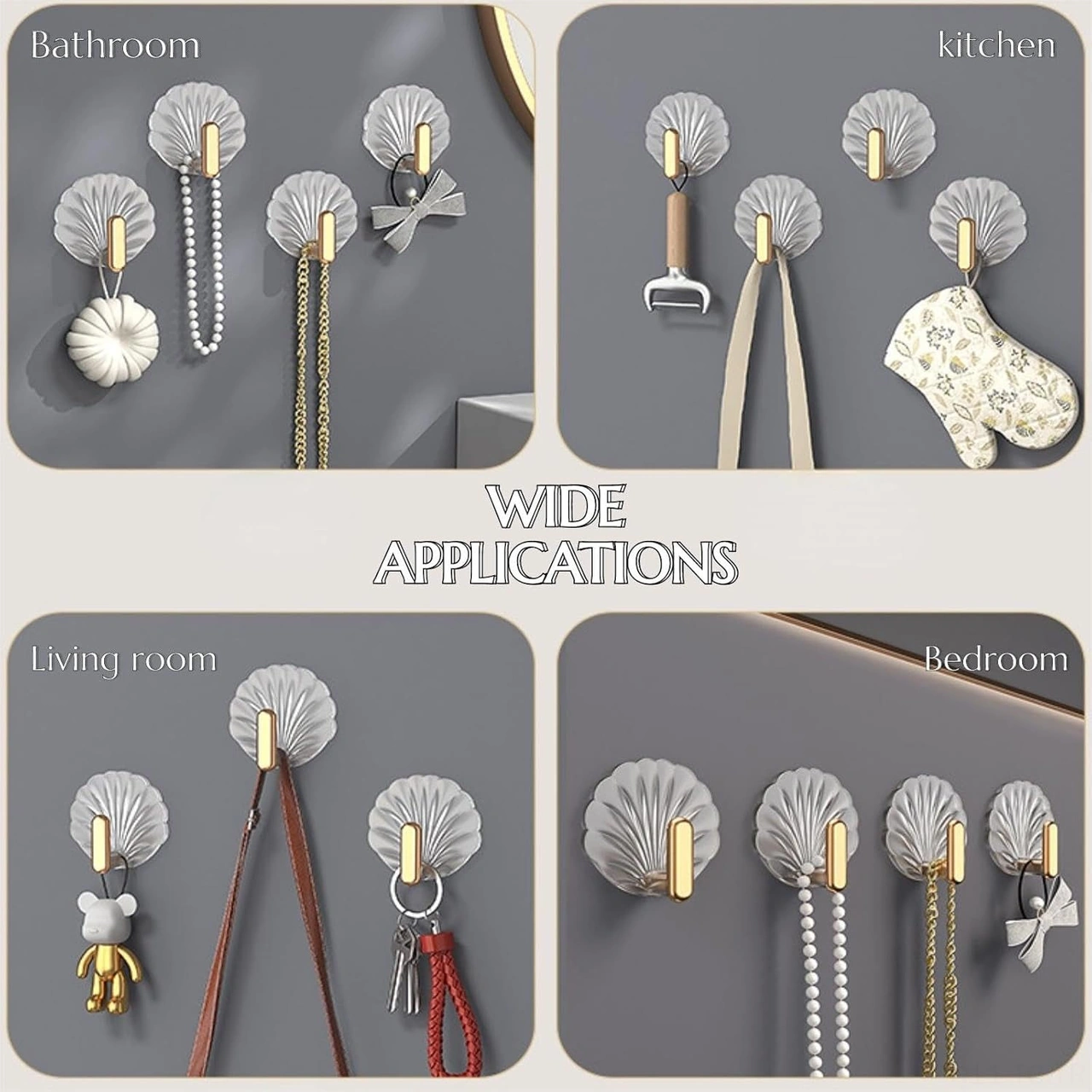 Skycity Gümüş Kaplama Yüksek Dayanıklı Duvar Bağcıklı Kanca Seti, 4 Adet Mavi Deniz Kabuğu Desenli Zımba, Ev Ofis Dekoratif Organizasyon Aleti Altın