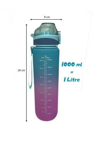 1000 Ml Plastik Motivasyon Matarası Pipetli, Kilitli Ve Taşıma Kulplu Turkuaz - Mor