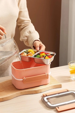 Vagonlife Bento Lunch Box Ofis-Okul Için Yeni Nesil Sefer Tası Çift Kat 4 Bölme Paslanmaz Çelik F494 001