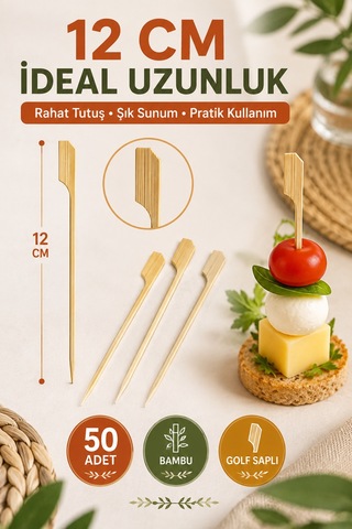 50 Li Dekoratif Golf Saplı Bambu Kürdan 12cm Kanepe Parti Davet Sunum Kokteyl Aperatif Kürdan Seti