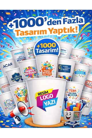 Kişiye Firmaya Özel Tasarım Baskılı Logolu Kalın Gramaj 7 Oz 50 Adet Baskı Karton Bardak