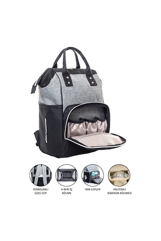Anne Bebek Bakım Sırt Çantası Siyah-gri Termos Bölmeli Gri - Siyah