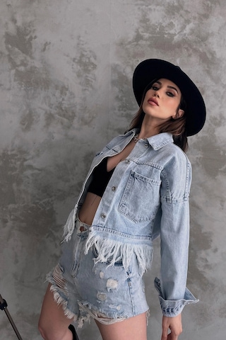 Buz Mavi Saçak Detaylı Denim Ceket Bcdf-245413 Çok Renkli