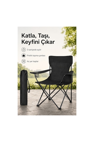1 Adet Kamp Sandalyesi Katlanır Piknik Sandalye Dikdörtgen Bardaklıklı Siyah