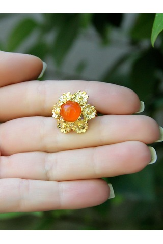 Esha Store Doğal Taş Akik Doğal Taşlı Çiçek Model Telkari Kadın Ayarlanabilir Altın Kaplama Yüzük Euy61ag Kırmızı
