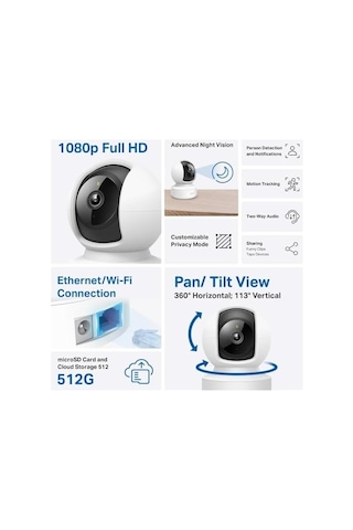 C202, 1080p Full Hd, Hareket Tespit Ve Takibi, 360 , 9m Gece Görüşü, Çift Yönlü Ses, Alarm, Bulut/yerel Depolama, Bebek Ağlaması Tespiti, İç Mekan Ethernet/wi-fi Güvenlik Kamerası
