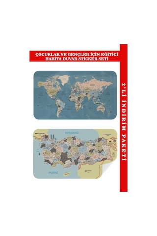 Eğitici - Öğretici Dünya Ve Türkiye Haritası Çocuk Odası Duvar Sticker-60x105-3889 - Renkli Çok Renkli