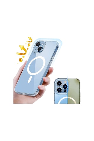 Vendas Apple Uyumlu iPhone 13 Kılıf M-safe Şarj Özellikli Şeffaf Sert Pc Zore Embos Kapak + Hayalet Ekran Koruyucu Şeffaf